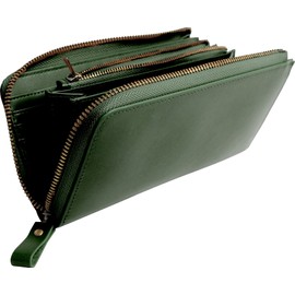Dom Teporna Wallet, Large Capacity, Men's, Women's, Genuine Leather, Italian Leather, Card Case, Holds 15 Cards, L-Shaped Zipper, Wide Opening, green