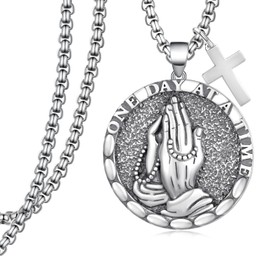 925 Sterling Silver Serenity Prayer Necklace Praying Hands Pendant with Cross Charm Religious Jewelry for Men Women
