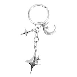 Moguri 1 x Silver Keyring with Star and Moon Pendants, Stainless Steel Aesthetic Keychain for Bag, Backpack and Car Keys, Y2K Grunge Style Accessory for Men and Women
