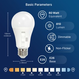 FLSNT A19 Dimmable LED Bulb, 9W (60W Equivalent), 810 Lumens, E26 Base, CRI90, 2700K, 3000K, 4000K, 5000K, 6500K, 5CCT Selectable, Indoor and Outdoor,Perfect for Lamps and Home Lighting（4 Pack）