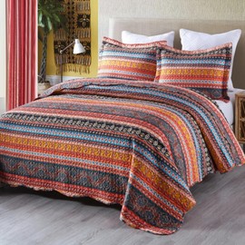 MarCielo 3 Piece Bohemian Quilt Bedspread Set (Orange, Queen)