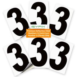 iSYFIX Black Vinyl Number 3 (Three) Sticker - 6 Pack 1.5 inch - Premium Decal, Reflective Background, Pre-Spaced for Mailbox, Sign, Window, Door, Car, Truck, Home, Business, Address, Indoor & Outdoor