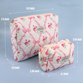Framendino, 2 Pack Bow Flower Travel Makeup Toiletry Bag Set for Women Cotton Pink, Pink, 2 Pack
