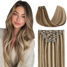 VINBAO 140g Clip in Extensions Human Hair Balayage 14in 7pcs Clip in Extensions Human Hair Highlight Dark Brown with Caramel Blonde for Women to Add Volume (7C#4P27-14Inch)