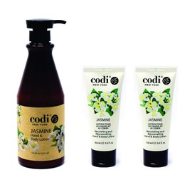 Loción de jazmín Codi – Loción corporal y manos con bomba para mujeres y hombres – Loción corporal jazmín con maravilloso aroma de jazmín – Menos grasa, rápida absorción – 1 botella de 750 ml y 2 tubos de 100 ml