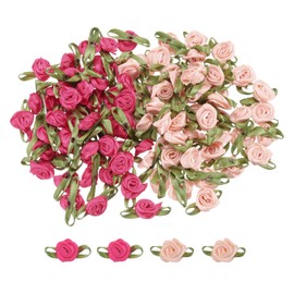 sourcing map 100 Pcs Rose Red/Snow Bud Powder Ribbon Roses 5/8" x1-3/16 Mini Roses for Sewing Appliques Crafts Little Satin Bows Roses Artificial Flowers