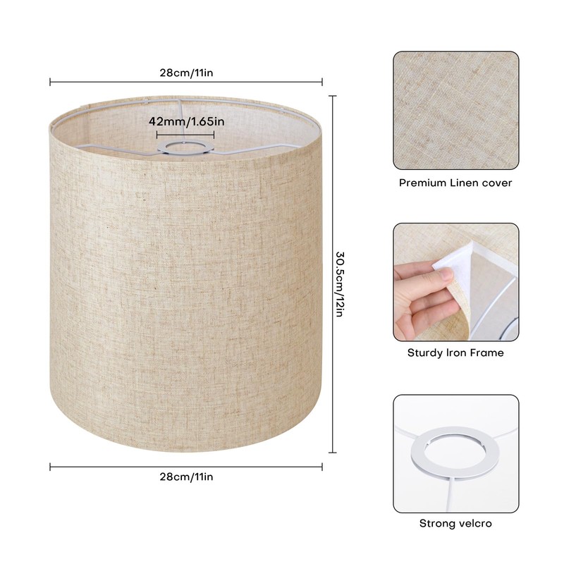 Beige Linen Tall Drum Lampshade, 11" Top x 11" Bottom