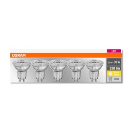 Osram LED Base PAR16, Socket: GU10, Non-Dimmable, Warm White, Replaces a Standard 35 Watt Lamp, 36 Degree Beam Angle, Pack of 5
