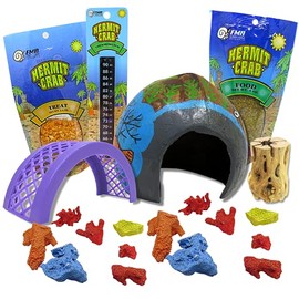 DIY Hermit Crab Habitat Starter Kit with Choya Wood, Coral Pieces, Large Coconut Hut, Crossing Bridge, Thermometer, Food Pouch, and Treat Pouch, All in One Pet Supplies, 7 Items