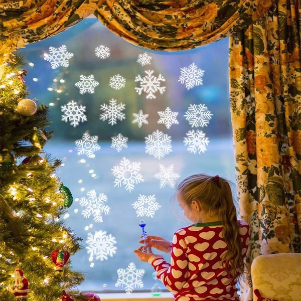LOKIPA 48 Silver Glitter Snowflake Window Clings Static Snow Flakes