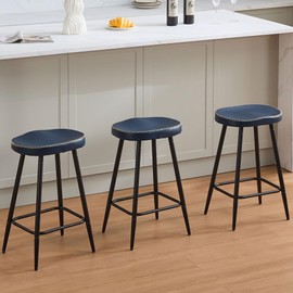 FIRAVOE Counter Stools Set of 3, Modern 24 inch Counter Height Stools, Faux Leather Backless Barstools for Kitchen Island (Navy Blue, 3 PCS 24'' Height)