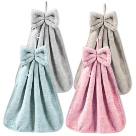 BOJVESH 4Pcs Bowknot Hanging Hand Dry Towels, Microfiber Coral Velvet Hand Towels with Hanging Loop, Super Absorbent Soft Cute Hand Towels, Hanging Hand Dry Towels for Kitchen Bathroom Kids Adults