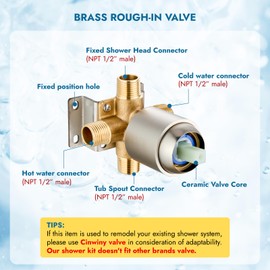 Cinwiny Bathtub Shower Faucet Set Wall Mounted 6 Inch 5-Spray Rainfall Shower Head with Rough-in Valve Single Handle Control Shower Trim Kit with Tub Spout, Brushed Nickel