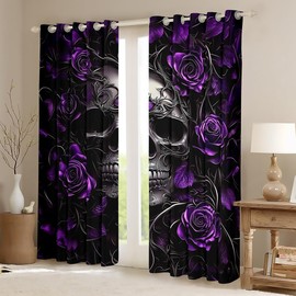 Erosebridal Sugar Skull Curtains, 38"x45", Purple Rose Floral, Gothic Skeleton Blackout, Unisex, Indoor, Modern, Grommet, 2 Panels (Pack of 2), Black with Purple Accents