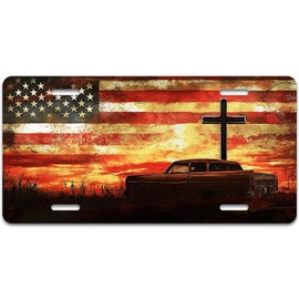 Cross License Plate,Cross with Car on American Flag Car Front License Plate,Rust-Proof Aluminum Car Tags Novelty Decoration for Men Women,12.2" X 6.2"