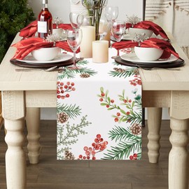 Bonhause Winter Pine Needle Branches Table Runner, Seasonal Pine Cone Farmhouse Table Runner for Kitchen Home Decor, 13x90 Inch Christmas Holiday Table Decoration for Home Kitchen Party Decor