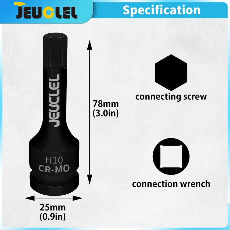 JEUCLEL 10mm Hex Impact Bit Socket, H8 1/2-Inch Impact Drive