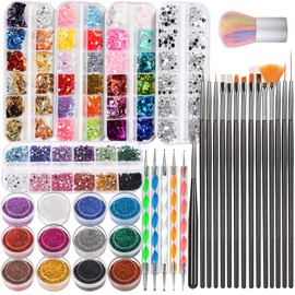 Nail Art Brush, FANDAMEI Nail Design Tools Kit with Nail Art Brushes, Nail Dotting Tools,Fine Glitter,Nail Butterfly, Nail Heart Sequins, Foil Flakes, Nail Art Rhinestones, Nail Art Decoration Kit.