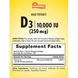 Sundance Vitamin D3 10,000 IU (250 mcg) | 100 Softgels | High Potency Formula | Non-GMO and Gluten Free Supplement