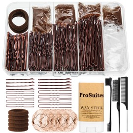 Hair Accessories Kit- 200 Brown Bobby Pins, 4 Hair Nets for Buns, Hair Wax Stick, 3 Slick Back Hair Brush and 105 Hair Bands for Women Girls Dance Competition Must Haves