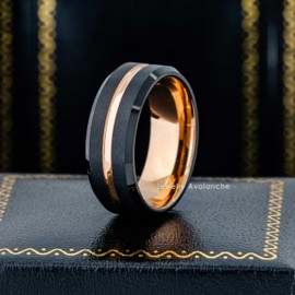 8mm Mens 2-Tone Rose Gold Black Tungsten Wedding Band, Grooved Center with Brushed Sides, Comfort-Fit Beveled Edge Engagement Ring - TN906s11