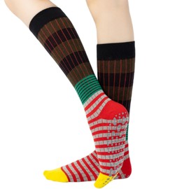 Verdancy Yoga Pilates Socks with Grips for Women Striped Color-Blocked Knee Highs Non Slip Cushioned Over the Calf Socks for Barre (One Size, Black/Green)