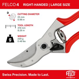 Felco Secateurs Model 4 Standard Secateurs Large Right Hand Straight Handle Hardened Steel Blade Floristry Garden Horticulture Vineyard Bonsai Topiary Olive Grove Swiss Precision Made