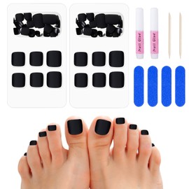 48 Pcs False Toenails with Glue, 12 Sizes Matte Short Fake Toe Nails Tip, Full Cover French Artificial Acrylic Toenails with Nail Files for Women Girls Nail Salon and Nail Art DIY(Black)