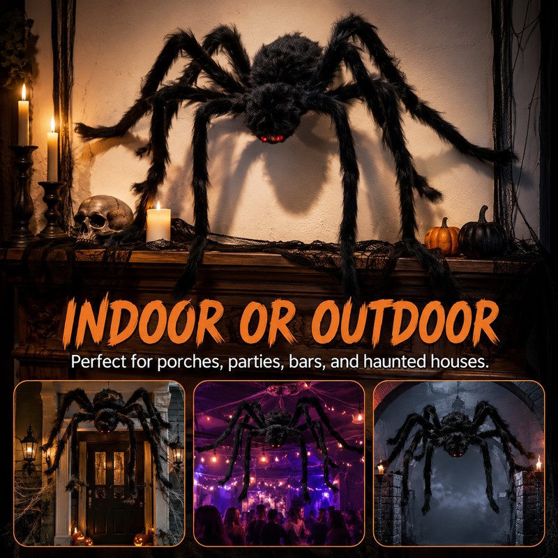 Giant Light-Up Spider for Halloween Decor – Poseable Black Plush
