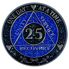 AA 25-Year Shiny Fancy Glitter Recovery Medallion, Alcoholics Anonymous Recovery Sober Silver Color Metal Coin, Shiny Blue And Black Rainbow Glitter, AA Sobriety Chip
