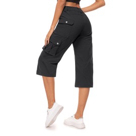 Moosehill Women's Cargo Capris Pants: Lightweight Hiking Travel Pants with 6 Pockets Water Resistant Summer Outdoor (Black,8)