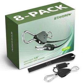 STAYGROW 8-Pack 1/8” Ratchet Straps, Heavy Duty Ratchet Tie Down Straps Kayak Hanger with Reinforced Metal Gear Safety Lock, Rope Pulley System for Hanging Plants Grow Light and Various Tie-Down Uses