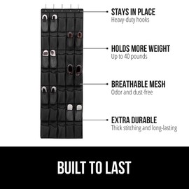 GORILLA GRIP Over the Door Shoe Organizer, 35 Large Breathable Mesh Pockets, Space Saving Hanging Storage Holder, 5 Hook Closet Rack Hanger, Hangs on Closets for Shoes, Accessories 68.5H x 24.5W Black