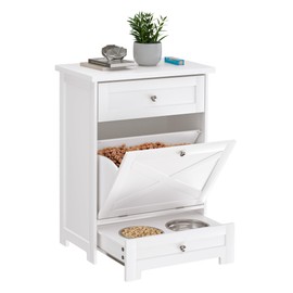 Dog Feeding Station with 2 Elevated Bowls,Hidden Pet Feeder Station with Tilt Out Dog Food Storage Cabinet,Dog & Cat Storage Organizer with Drawer,White