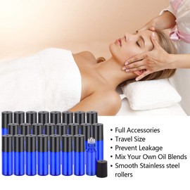 96 Pack Essential Oil Roller Bottles 5ml Blue Glass Roller Bottles for Oils (384 Pieces Labels, 8 Opener, 16 Funnels, 16 Dropper) Roll on Bottles with Stainless Steel Roller Balls and Black Caps