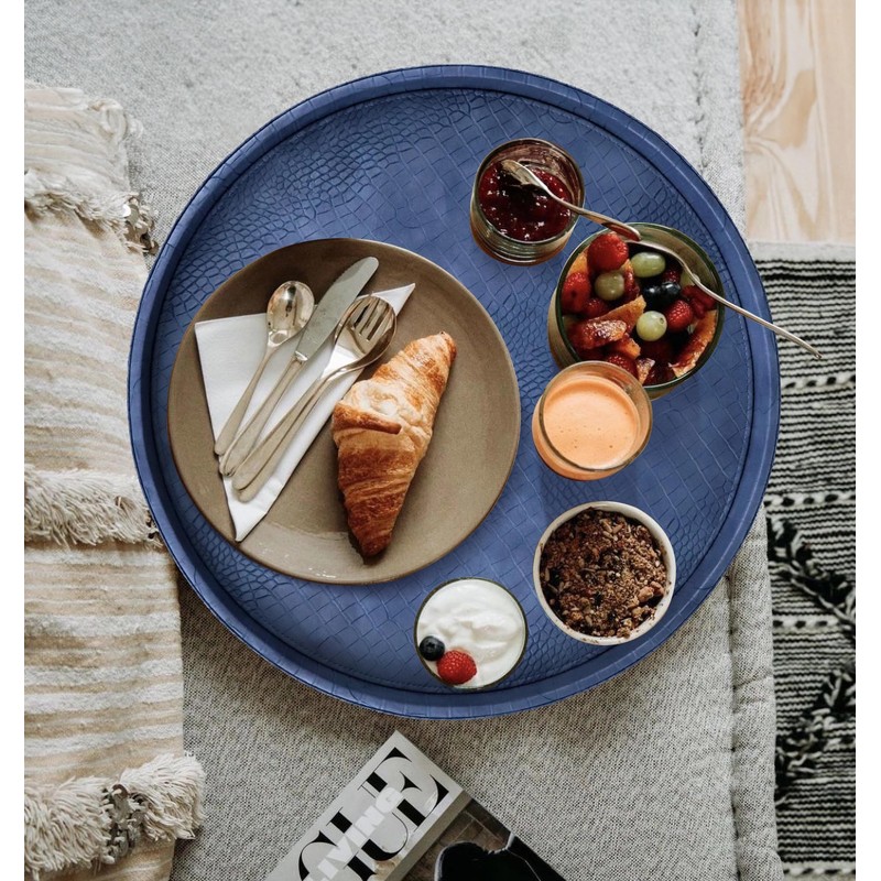 HofferRuffer Round Serving Tray 20'', Elegant Faux Leather Circle Ottoman