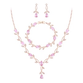 EVER FAITH Wedding Prom Jewelry Set for Bridesmaid, Pink Teardrop Cubic Zirconia Rose Gold Plated Bridal Party Necklace Dangle Earrings Bracelet for Women Gift for Mother Friend Wife