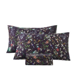 Brandream California King Floral Sheets Set 100% Egyptian Cotton 800 Thread Count, Tropical Jungle Deep Pocket Fitted Sheet 4Pcs, Deep Purple Bird Print Bedding Super Soft and Breathable