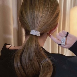 Zeshimb Boho Rhinestone Ponytail Holder Cuffs Geometric Elastic Scrunchies Gold Crystal Ponytail Hair Tie Band Luxury Ponytail Hairband Ring Hair Accessories for Women and Girls