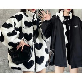 Sumleno Women's Fleece Sherpa Jackets Reversible Kawaii Heart Print Fuzzy Zip Up Cutecore Coats Aesthetic Y2k Gyaru Clothes (Black,L)
