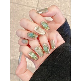 BIBII Nails Handmade Nail Tip Kit, Long 3D Nails, Green, Floral Pattern, Spring and Summer, Korea, Popular, 100% Long False Nails, Cat Eye, Magnet, 100% Handmade Nails, Luxurious, Shiny, Cute, Simple,