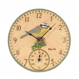 Garden Mile Garden Clock and Thermometer 30cm Blue Bird Design Durable Quartz Clocks Outdoor Wall Decor Decorative Wall Clock for Patio Kitchen Living Room Decor