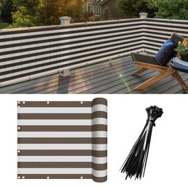 FLORALEAF 3' x 67' Balcony Screen Privacy Fence Cover UV Protection Shield for Deck Patio Backyard Outdoor Pool Porch Railing with Zip Ties, Brown White Stripe