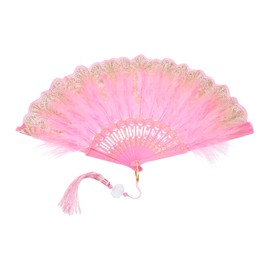 sourcing map 1 Pcs Vintage Folding Fan, Embroidered Flower Marabou Feather Fans 20s Vintage Style Handheld Folding Fan for Dancing Wedding Show Party Tea Party Occasions, Pink(Polyester)