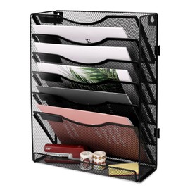 EasyPAG Wall File Holder Organizer 7 Tier Mesh Hanging Wall Mounted Document Paper Folder Filing Magazine Rack with Nametag Label for Office Home School, Black