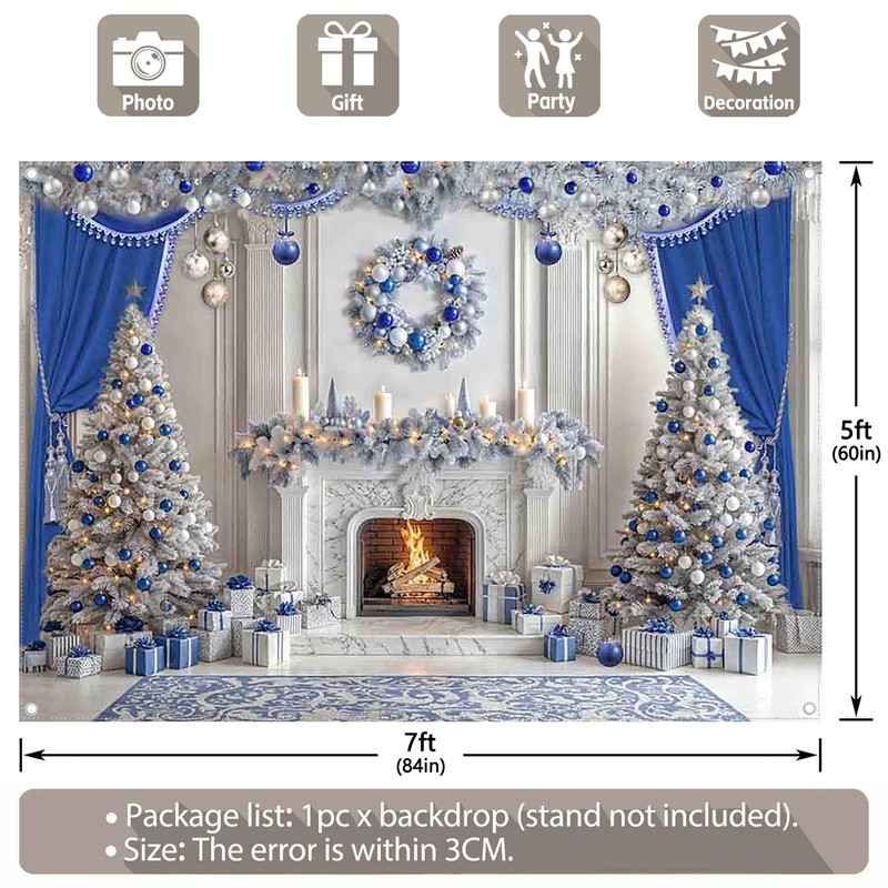 YCUCUEI 7x5ft Fabric Blue Christmas Fireplace Backdrop
