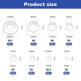 360PCS Stainless Steel Washers- 8 Sizes (M2/M2.5/M3/M4/M5/M6/M8/M10) |Rustproof Flat Metal Washer's for DIY, Automobile and Marine |Flat Washers for Bolts and Screws