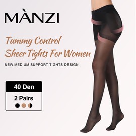 MANZI Women's Control Top Pantyhose Sheer Tights Tummy Control Support Stockings 40 Denier Run Resistant Quality Nylons, 2 Black, Small