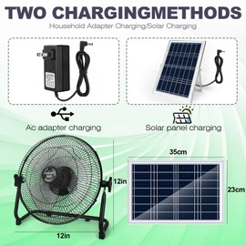 TonyEst Portable Solar Fan, 12'' Rechargeable Solar-Powered Tent Camping Fan with 12000mAh Battery, Cordless Floor Fan with USB Output, Dual-Use for Home, Outdoor, Travel, Patio, Car, Worksite