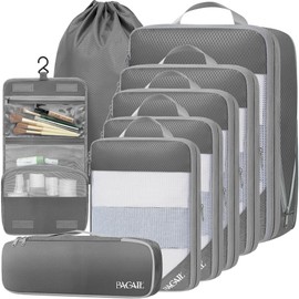 BAGAIL 6 Set/8 Set Compression Packing Cubes, Ultralight Expandable Packing Organizers for Carry on Travel Luggage(8set Grey)
